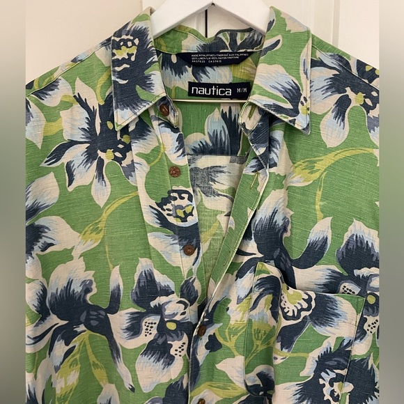 Vintage Nautica Shirt Mens Medium Green Blue Hawaiian Floral Aloha Linen Blend - Picture 4 of 9